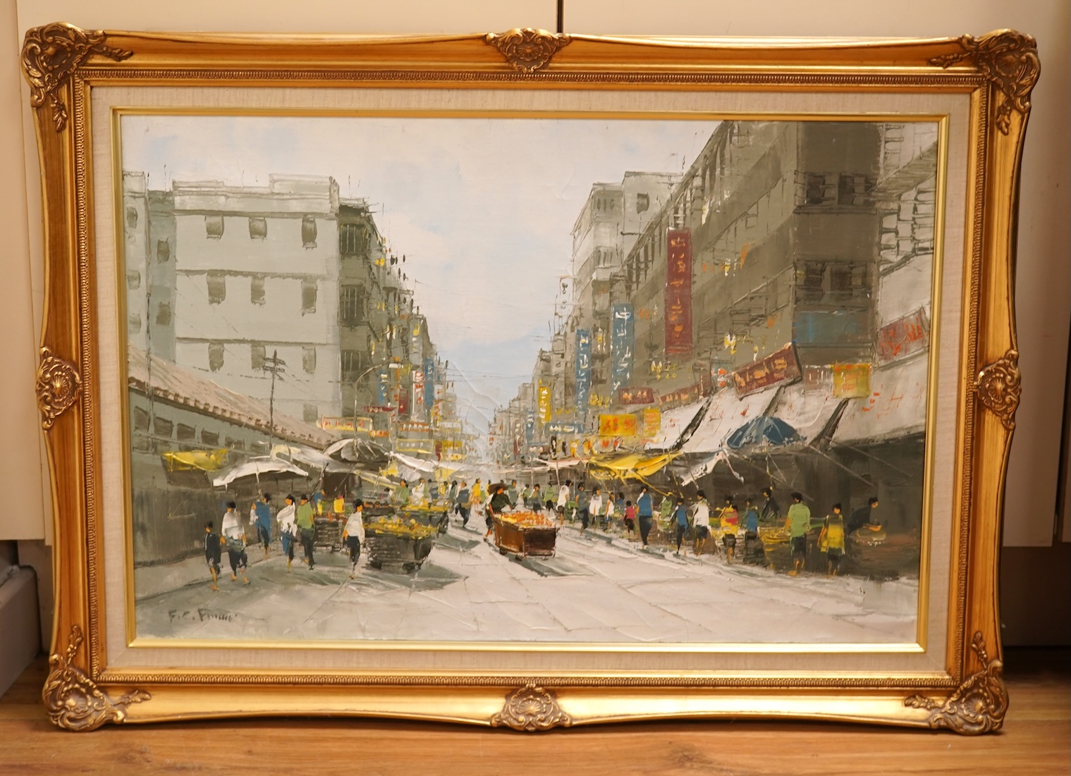 F C F, Chinese market scene, indistinctly signed, oil on canvas, 50 x 70cm